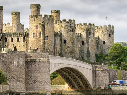 Stone bridge leading to a large medieval castle with towers, nestled in a green landscape under grey skies.