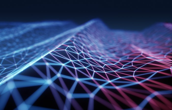 Abstract 3D data wave with blue and red grid lines, visualising concepts in physics