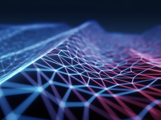 Abstract 3D data wave with blue and red grid lines, visualising concepts in physics