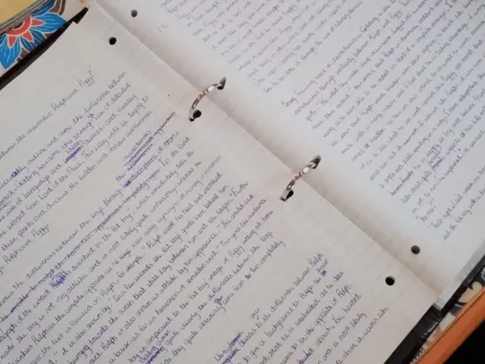 Study notes in a ring bound folder.