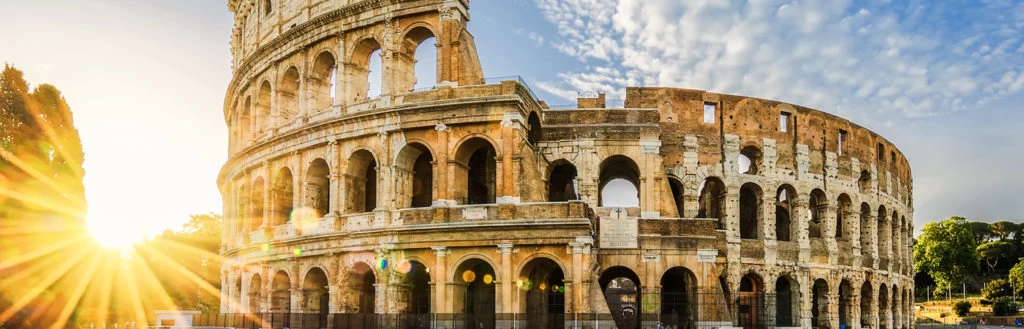 A landscape view of the Colosseum in Rome, Italy. 