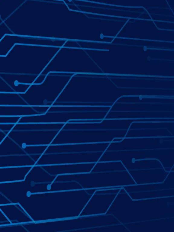 An abstract digital illustration with a dark blue background. On the left, glowing blue lines and dots resemble a circuit board or a network, fading into the right side of the image.