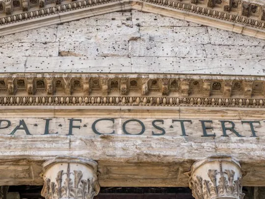 An up close view of an old Roman temple.