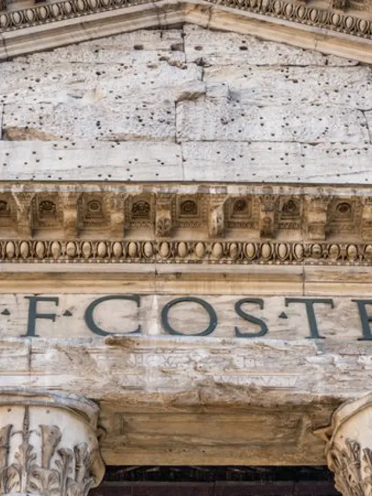 An up close view of an old Roman temple.