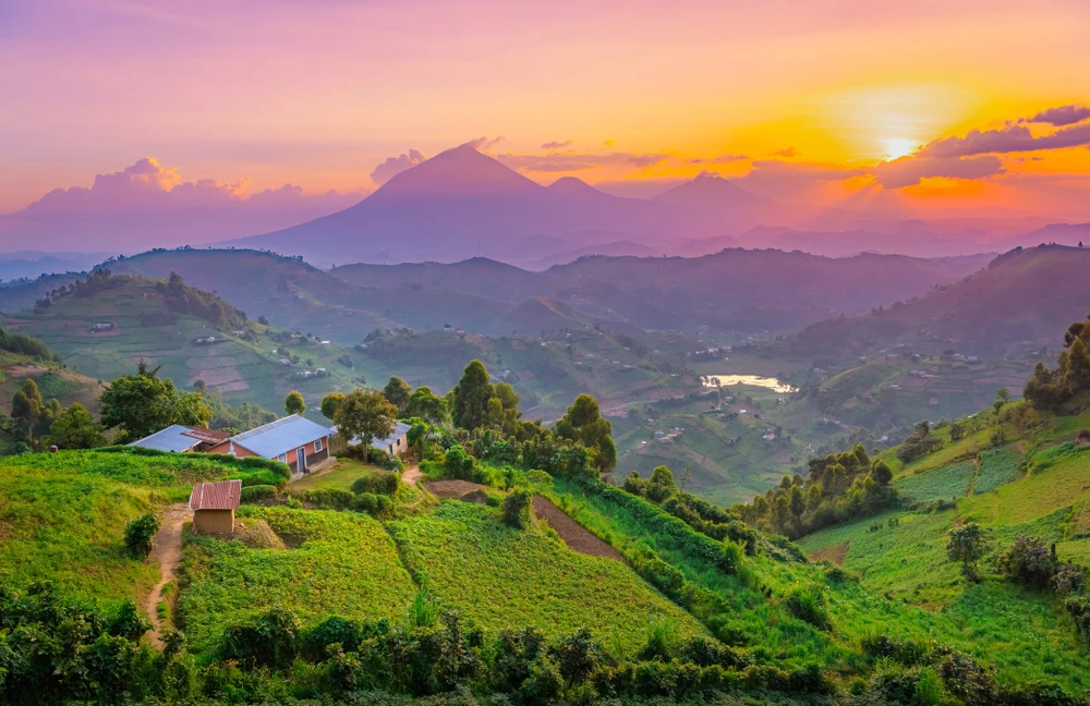 A Ugandan landscape at sunset, with farmhouses in the foreground. 