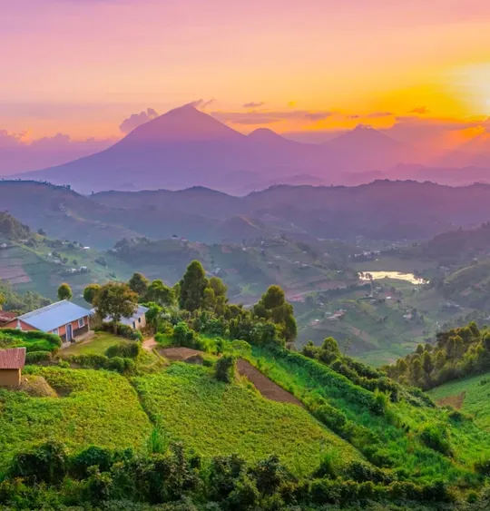 A Ugandan landscape at sunset, with farmhouses in the foreground.