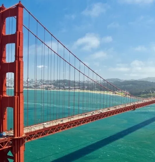 Landscape view of the Golden Gate Bridge in San Francisco, USA, on a clear and sunny day.