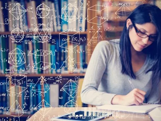 An older maths student studying, with digital illustrations of mathematic formulas laid over the image.