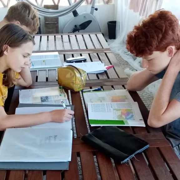 The Binedell children studying together.