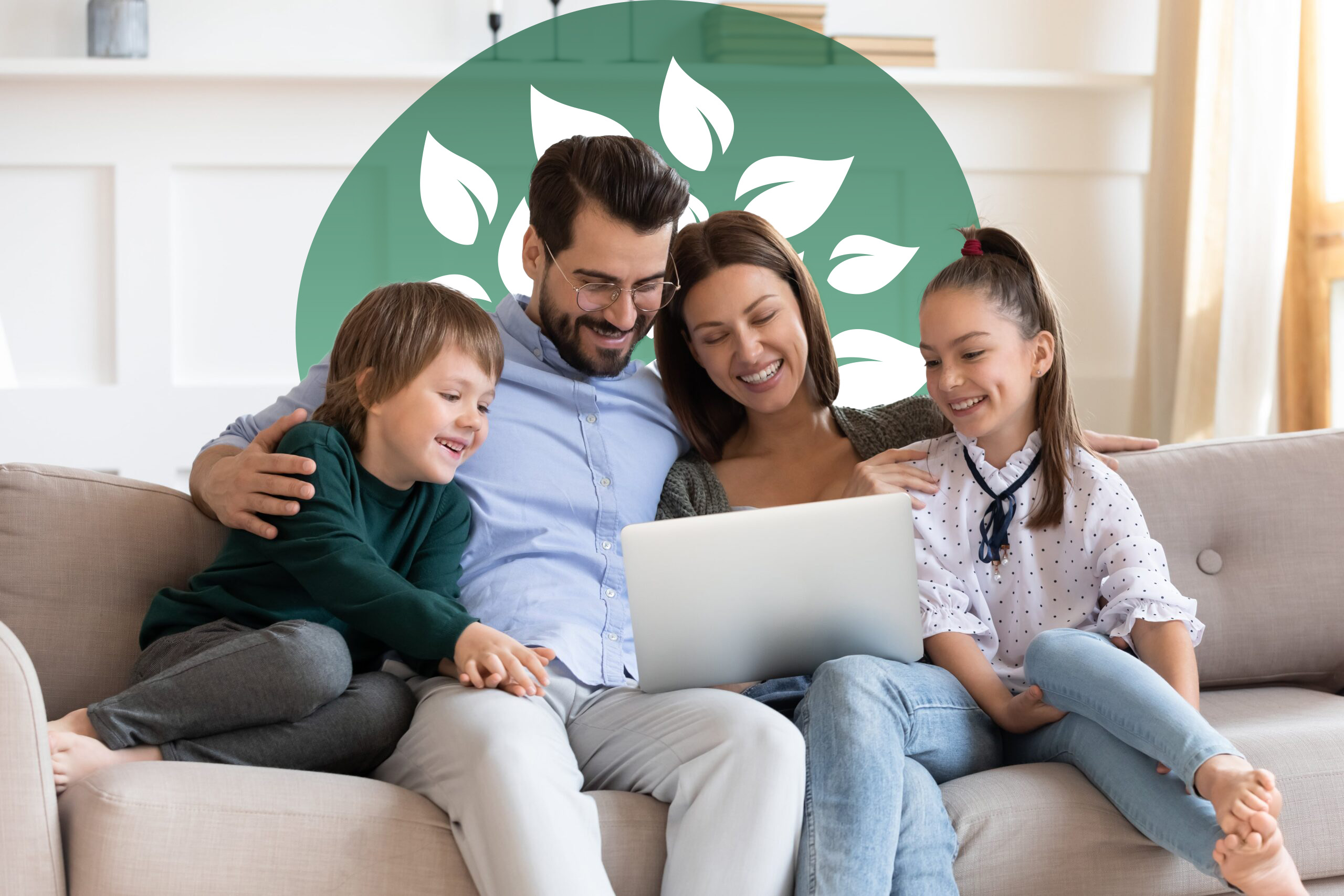 Smiling family engaging with a laptop, representing a positive approach to homeschooling.