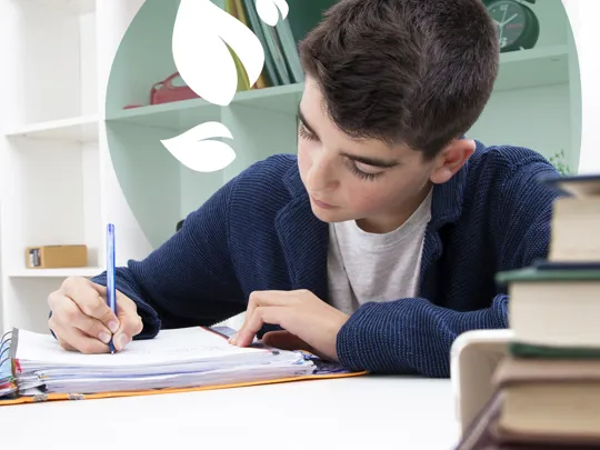 Boy writing notes in a ring binder at a tidy study desk.
