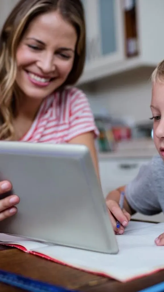A homeschooling mum and son sitting at a desk. The mum is smiling and showing her son something on a tablet device, which the boy is studying intently.