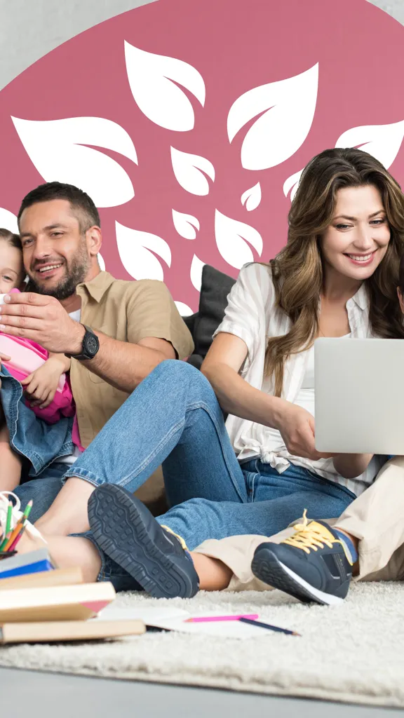 A family with two young children learning together at home, enjoying the flexibility of online education.