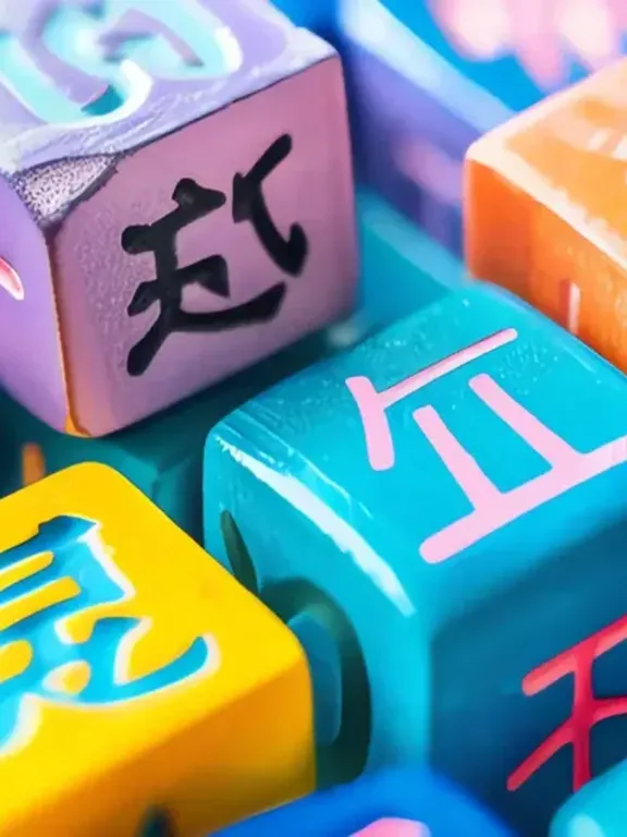 A close-up shot of a pile of small, colorful wooden blocks with various Chinese characters on them. The blocks are in a pile and have different colors such as orange, pink, yellow, blue, and purple. Some blocks also have mathematical symbols like plus or minus signs.