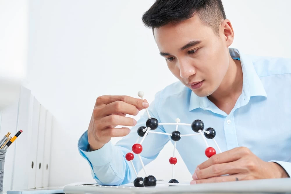 A chemistry student is examining a molecule model. 