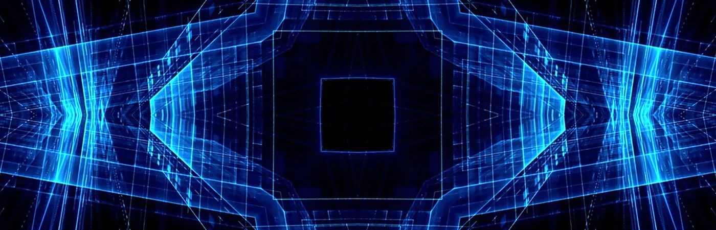 Blue digital geometric shapes on a black background showing the vastness of maths, but in a modern way. 