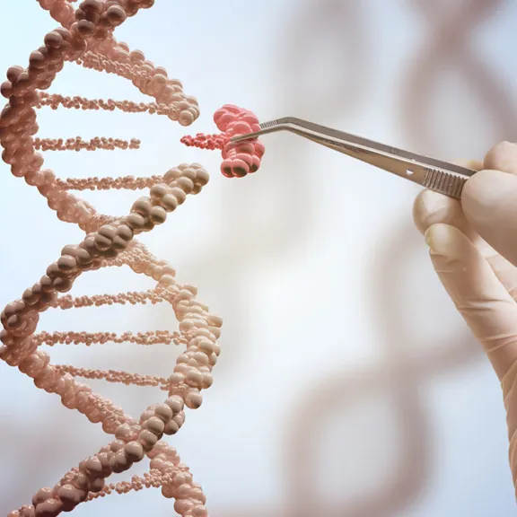 A gloved hand holds a pair of tweezers, which are being used to manipulate a small, red section of a DNA double helix. The rest of the DNA strand is a lighter, beige color and appears to be floating in a blue and white background.