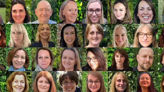 Collage of smiling Wolsey Hall Oxford staff portraits set against leafy green backgrounds.