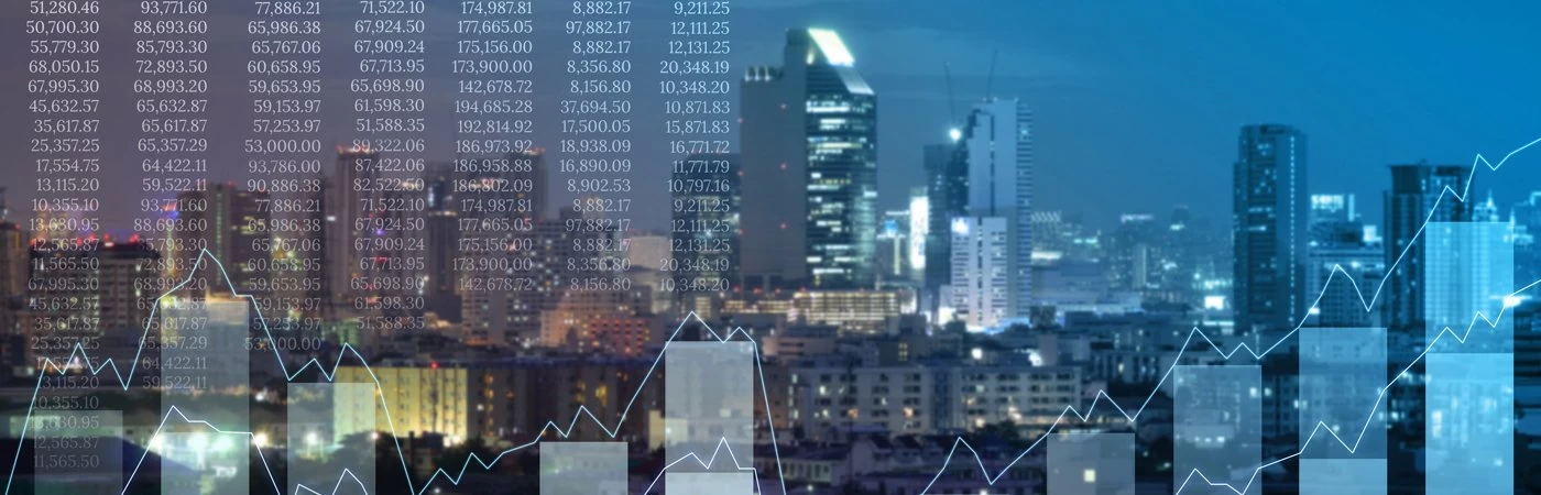 City landscape with numbered data in columns on the left side, and a bar chart graph on the right. 