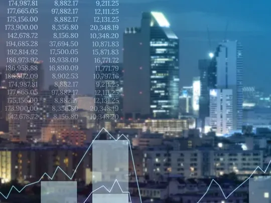 City landscape with numbered data in columns on the left side, and a bar chart graph on the right.