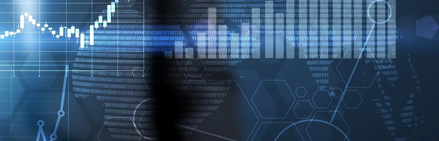 Digital illustration of economic data and binary code overlaid with rising graphs and global finance symbols.