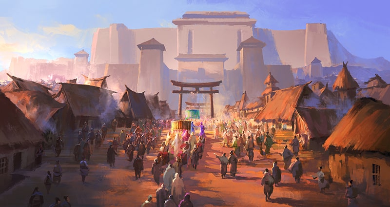 Painted scene of a bustling ancient Japanese settlement with a large gate and crowds gathering for a procession.