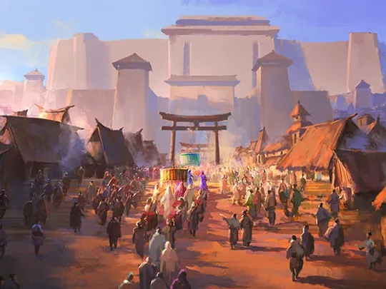 Painted scene of a bustling ancient Japanese settlement with a large gate and crowds gathering for a procession.
