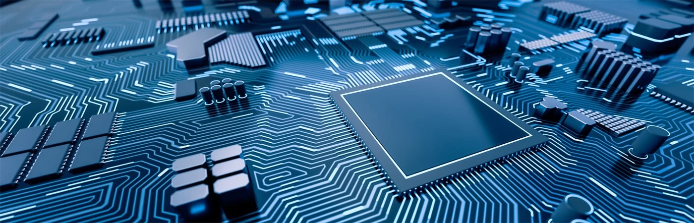 Close-up of a blue-toned computer circuit board representing advanced computer science technology.